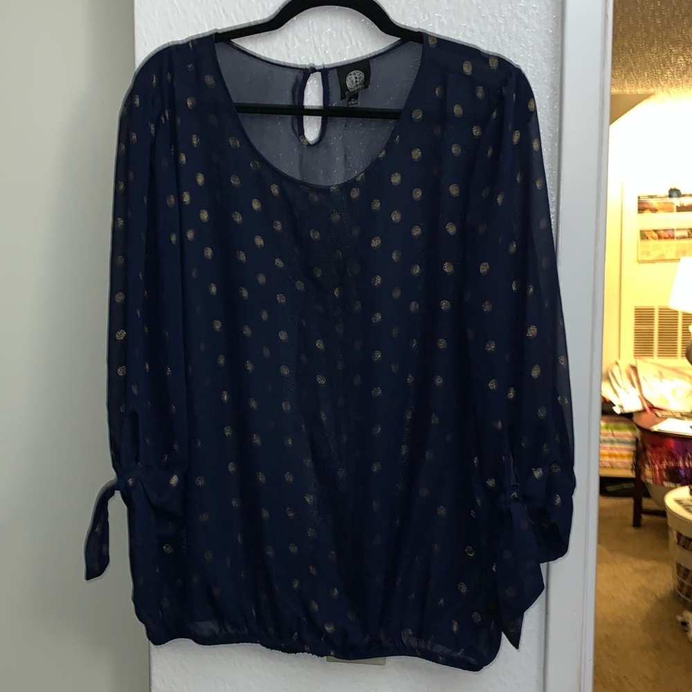 Bobeau women’s blouse see thru navy with gold polka dots size 1X